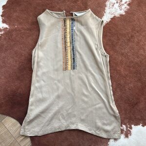 Trina Turk beaded sleeveless silk blouse in tan with metal accents small